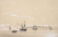 Айвазовский И.К. (1817 – 1900). Флагманский корабль в сопровождении двух боевых и шлюпка у берегов Николаева. Из серии эскизов, исполненных во время маневров на Черном море. 1845 (1846 ?). Бумага тонированная, карандаш, белила, акварель Айвазовский И.К. (1817 – 1900). Флагманский корабль в сопровождении двух боевых и шлюпка у берегов Николаева. Из серии эскизов, исполненных во время маневров на Черном море. 1845 (1846 ?). Бумага тонированная, карандаш, белила, акварель
