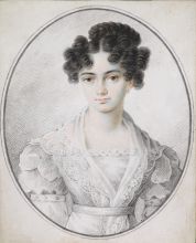 Неизвестный художник. Раевская Мария Николаевна. 1805-1863. 1820-е гг. Бумага, бумага мелованная, акварель, карандаш. 12,6 х 9,3, овал в прямоугольнике. Неизвестный художник. Раевская Мария Николаевна. 1805-1863. 1820-е гг. Бумага, бумага мелованная, акварель, карандаш. 12,6 х 9,3, овал в прямоугольнике.