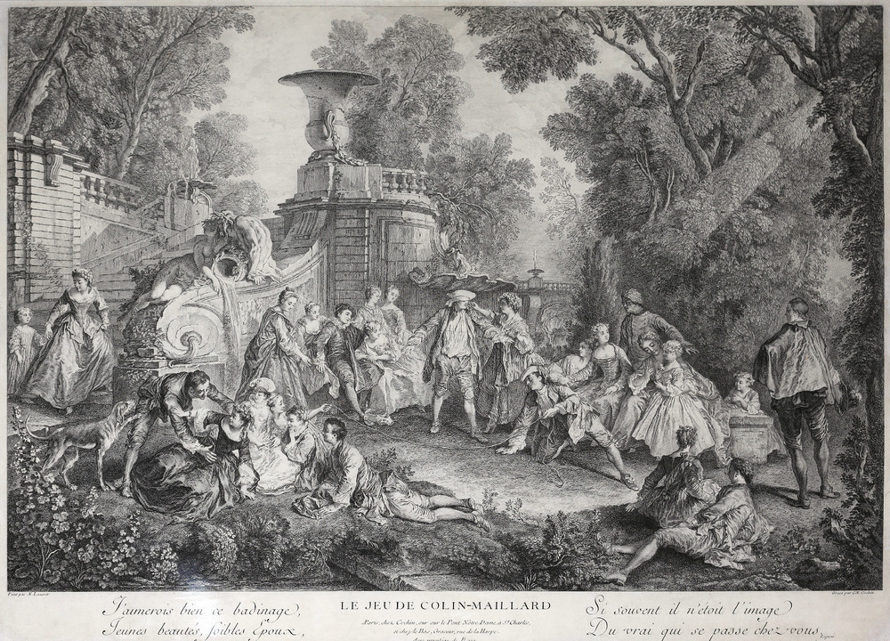 Автор гравюры: Кошен-старший Шарль-Никола/ Cochin père C. (1688-1754), Автор оригинала: Ланкре Никола/ Lancret N. (1690-1743). Игра в жмурки. Париж. 1739. Бумага верже. Офорт, резец, пунктир Автор гравюры: Кошен-старший Шарль-Никола/ Cochin père C. (1688-1754), Автор оригинала: Ланкре Никола/ Lancret N. (1690-1743). Игра в жмурки. Париж. 1739. Бумага верже. Офорт, резец, пунктир