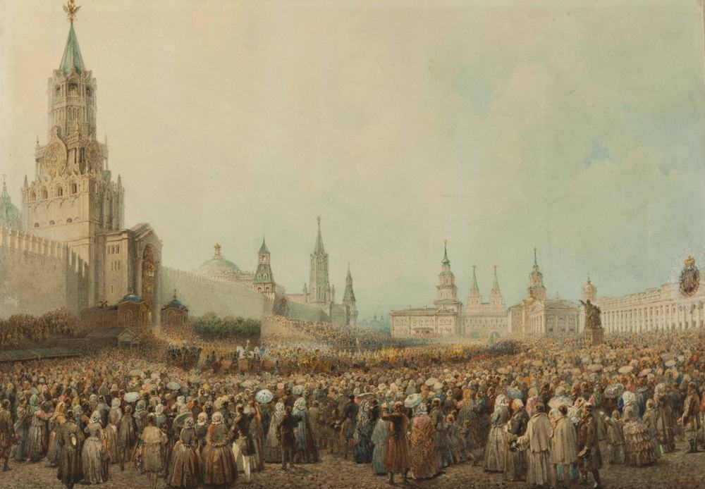 Москва. Въезд коронационной процессии в Спасские ворота Кремля 17 августа 1856 года  во время коронации императора Александра II.  1856.  Бумага, карандаш, акварель.  Государственный музей истории Санкт-Петербурга.