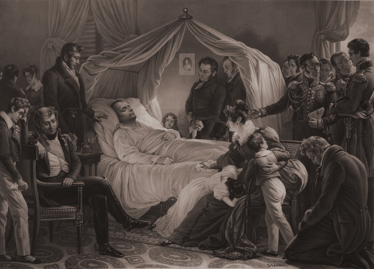 Жан Пьер Мари Жазе. Смерть Наполеона на острове Св. Елены. Гравюра 1830 г. по живописному оригиналу 1821 г.