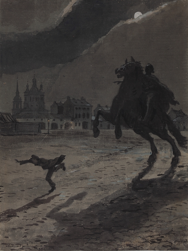 Художник: Бенуа А.Н. (1870-1960). Илл. к поэме А.С. Пушкина "Медный всадник". Сцена погони. 1906-1916. Бумага, акварель, белила Художник: Бенуа А.Н. (1870-1960). Илл. к поэме А.С. Пушкина "Медный всадник". Сцена погони. 1906-1916. Бумага, акварель, белила