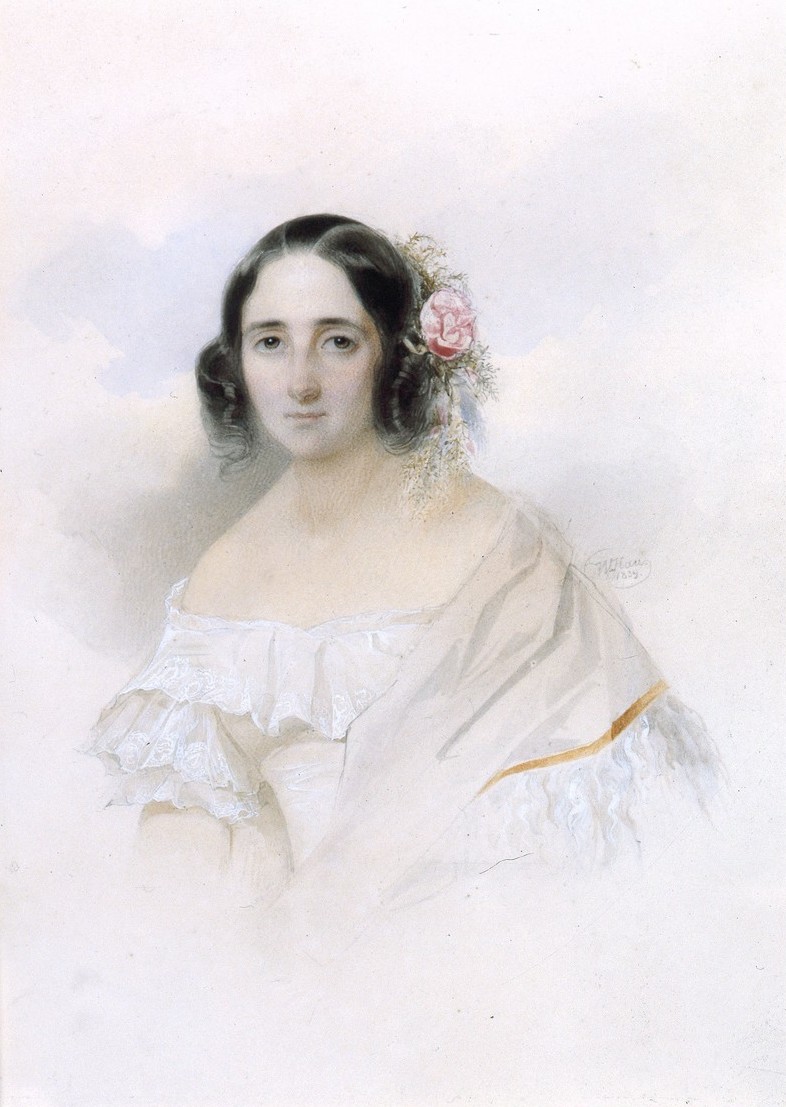 А.А. Оленина. В.И. Гау. 1839. Бристольский картон, акварель, белила А.А. Оленина. В.И. Гау. 1839. Бристольский картон, акварель, белила