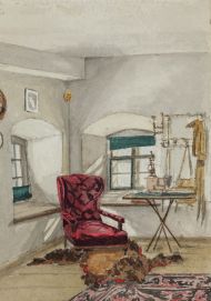 О.П. Орлова.   Лист из альбома «Интерьер с малиновым креслом». 1870-е. Бумага, акварель, карандаш