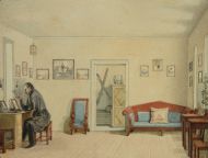Неизвестный художник. Интерьер кабинета. 1830-е. Бумага, акварель, тушь, перо, лак