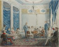 Неизвестный художник. Салон Олениных в усадьбе Приютино. 1820-е. Бумага, акварель, гуашь, карандаш