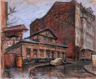 Е. Куманьков. Кривоарбатский переулок. 1963 г. Бумага, пастель.