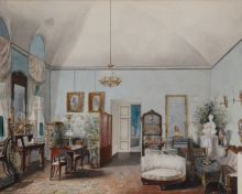 А.Н. Ракович. Интерьер с парными портретами. 1850-е. Бумага, акварель, белила, бронзовая краска, тушь, перо, карандаш