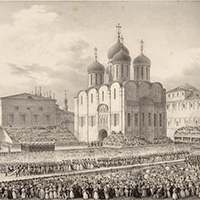 Вид церемонии коронации Николая I в Кремле. 
Л. Куртен, В. Адам. 
Литография. 1828
