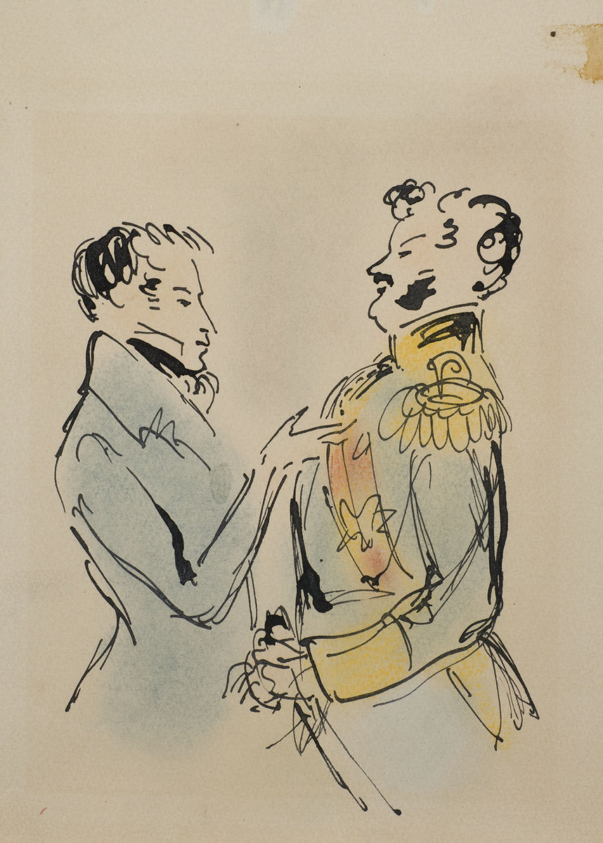 Н.В. Кузьмин "Встреча Онегина и князя на балу". 1929 – 1940-е. Иллюстрация к роману А.С. Пушкина «Евгений Онегин» Бумага, акварель, тушь Н.В. Кузьмин "Встреча Онегина и князя на балу". 1929 – 1940-е. Иллюстрация к роману А.С. Пушкина «Евгений Онегин» Бумага, акварель, тушь