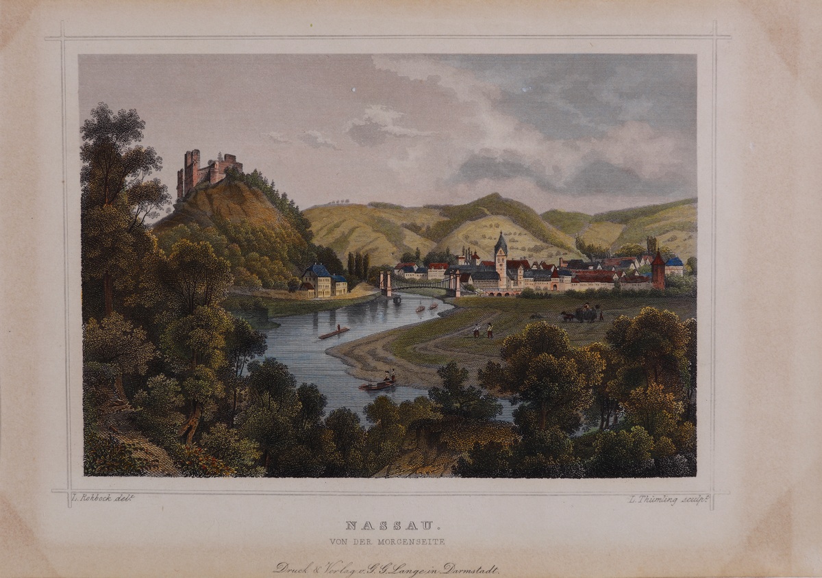 Л. Тюмлинг по оригиналу Л. Робока. Вид города Нассау. 1840–1860-е. Резец, акварель Л. Тюмлинг по оригиналу Л. Робока. Вид города Нассау. 1840–1860-е. Резец, акварель