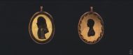 Неизвеастный художник. Двусторонние миниатюры-медальоны: 1. Портрет неизвестного гусара; 2. Портрет молодой женщины с бусами. 1800-е. Эгломизе.