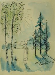 Н.В. Кузьмин "Татьяна на прогулке". 1930 – 1940-е. Иллюстрация к роману А.С. Пушкина «Евгений Онегин» Бумага, акварель, тушь