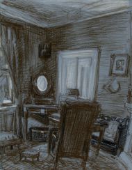 Антонова Л.Л. "Кабинет А.С. Пушкина с зеркалом". 2011г. Бумага  (синего цвета), масляная пастель. 