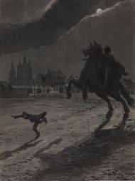 Художник: Бенуа А.Н. (1870-1960). Илл. к поэме А.С. Пушкина "Медный всадник". Сцена погони. 1906-1916. Бумага, акварель, белила Художник: Бенуа А.Н. (1870-1960). Илл. к поэме А.С. Пушкина "Медный всадник". Сцена погони. 1906-1916. Бумага, акварель, белила