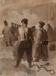 Фотокопия с рисунка Т.Г. Шевченко 1856 – 1857. Наказание колодкой. 1930-е. Государственный Литературный музей.